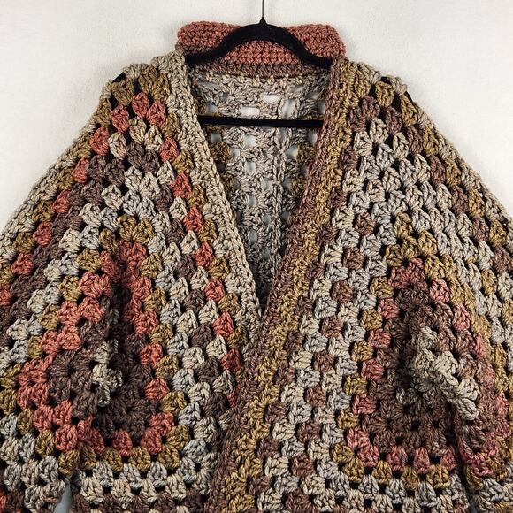 Hand Crochet Granny Square Cardigan Womens L/XL Multicolor Earth Tones Boho EUC - Picture 3 of 12